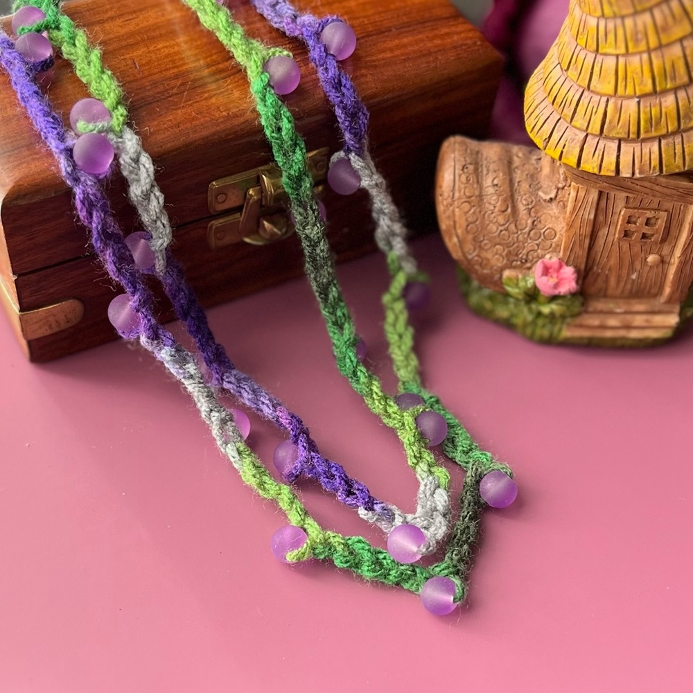 Handmade Crochet Beaded Necklace Purple - Picture 4 of 9